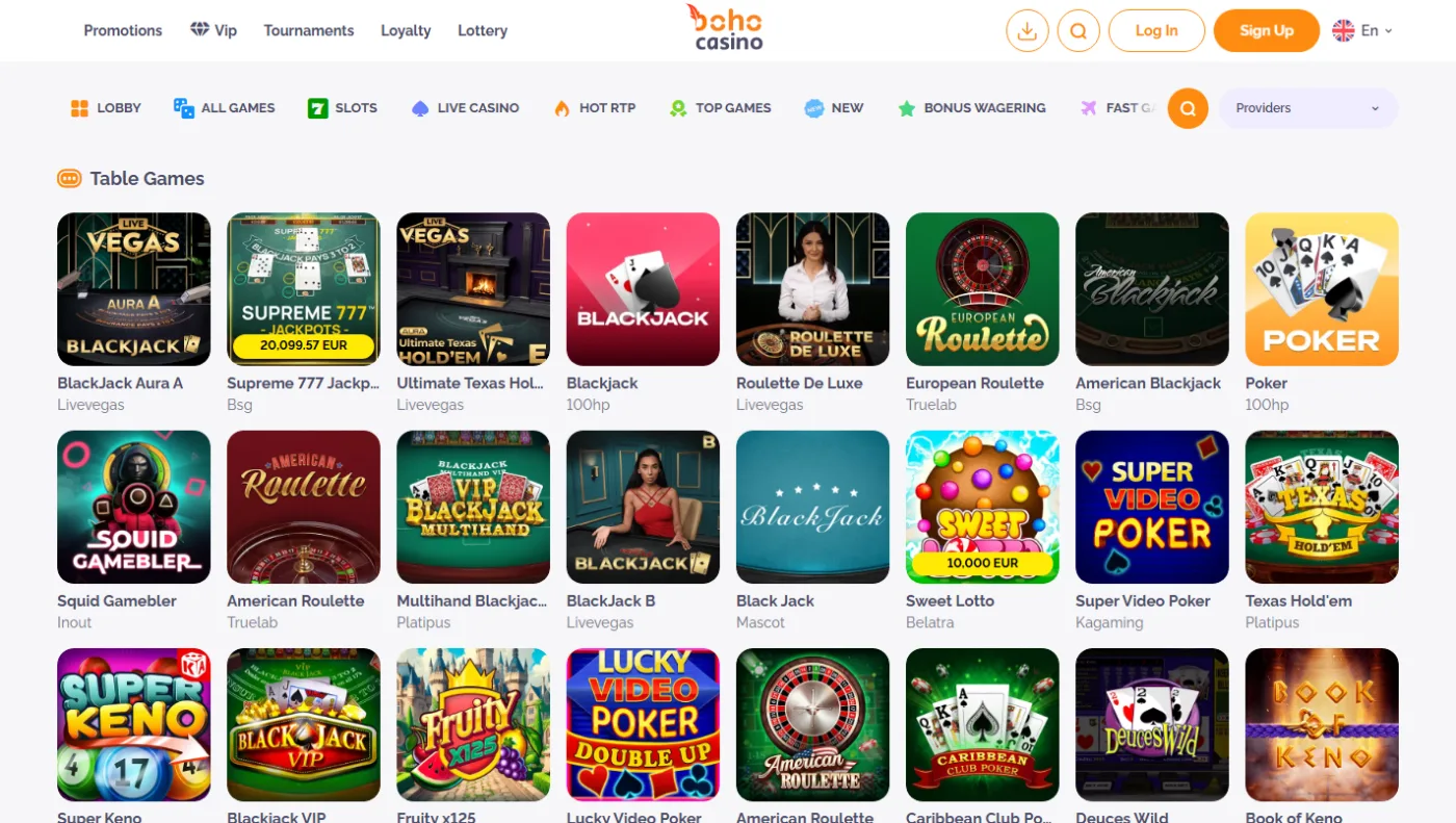Bordspil hos Boho Casino med blackjack, roulette og videopoker