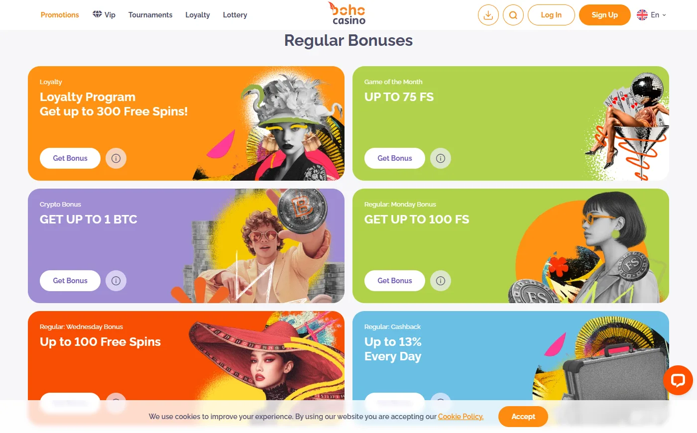 Faste kampagner hos Boho Casino med cashback, mandags- og onsdagsbonus og loyalitetsspins