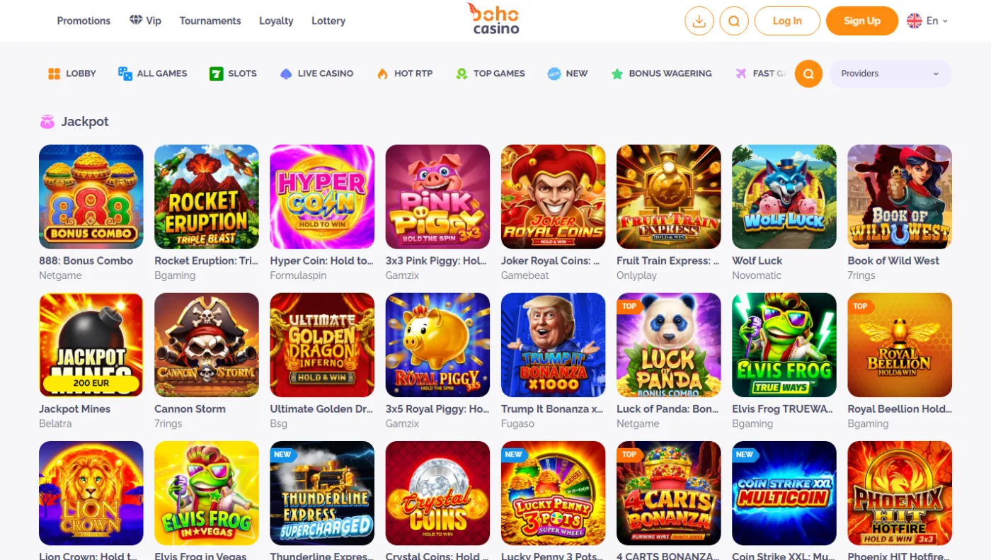 Jackpotsektionen hos Boho Casino med titler og puljer