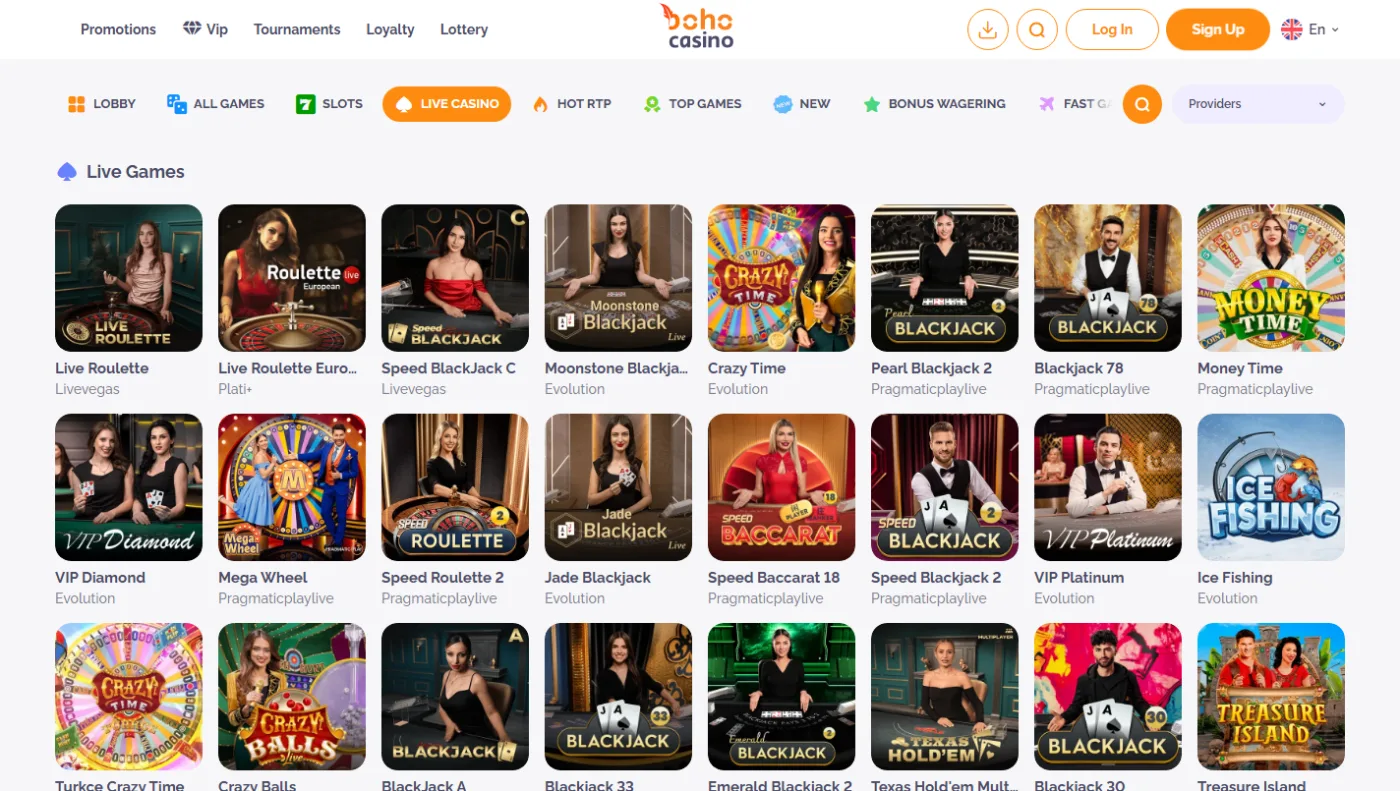 Live casino-borde hos Boho Casino med roulette, blackjack og spilshows