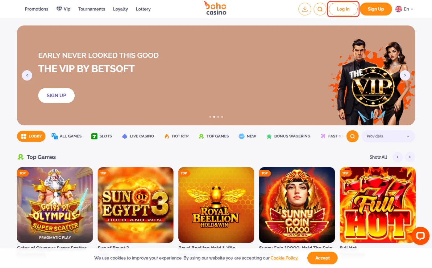 Log In-knappen fremhævet i headeren på Boho Casino