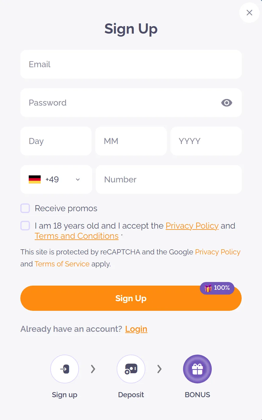 Hele registreringsformularen hos Boho Casino med e-mail, adgangskode, fødselsdato og telefon