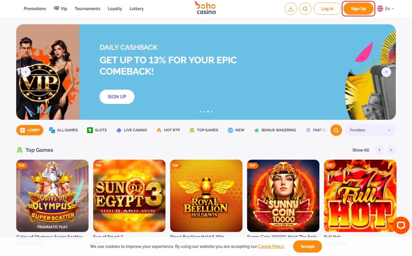 Sign Up-knappen fremhævet i headeren på Boho Casino